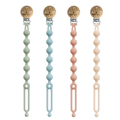 Flalivi Silicone Pacifier Clips Holder with One Piece Design, Soft Flexible Paci Binky Clips with Texture for Baby Boy and Girl (Cream,Blush,Turquoise Green,Sky Blue)