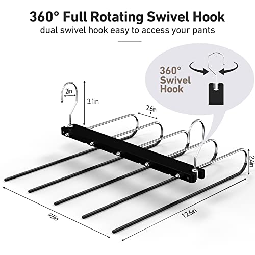 Wooden Pants Hangers Space Saving - 2 Pack Stainless Steel Clothes Pants Hangers - 5 Tier Multifunctional Rack Closet Storage Organizer For Pants Jeans Trousers Skirts Scarf (Black) #TOP1
