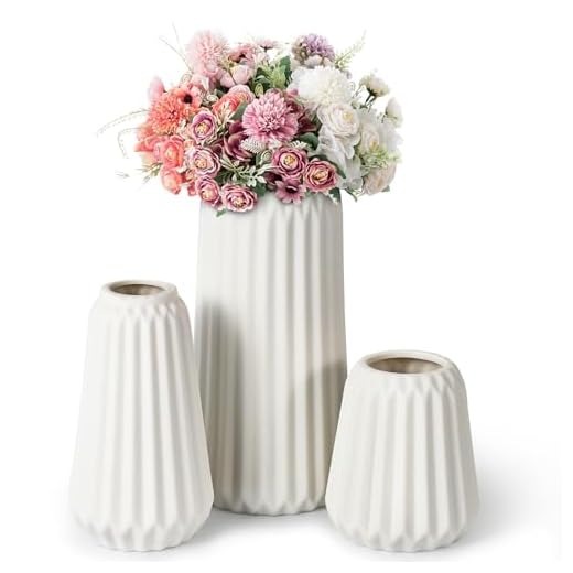 Votoko Lot de 3 Vases en Céramique, Vase Blanc Set Vase Decoratif, Vases Fleur pour Bohème Nordique Moderne, Déco de Minimaliste La Maison Fête Mariage, pour Fleurs Fraîches et Séchées