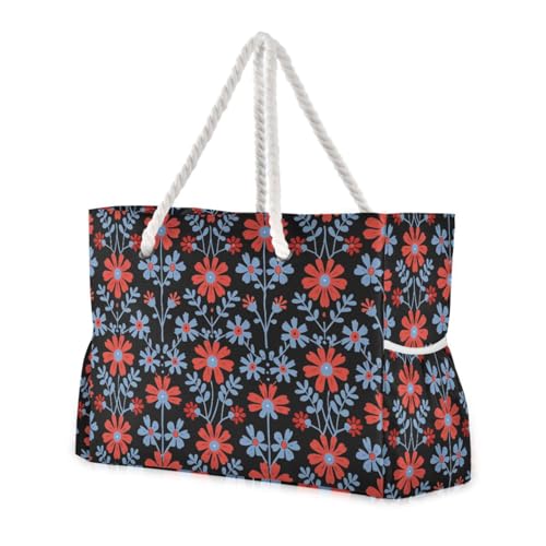 Red and Blue Flowers Black Sturdy Travel Duffel Bag, Sports with side pocketes Rubber Beach Bag with cup holders on the side