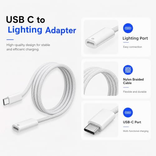 Image of Verilux C Type Charger Cable for Apple Pencil 1st Generation 1M, USB C to Pencil Adapter Compatible with iPad 10th Gen 2022 11th Gen 2025, Bluetooth Pairing Connector for Fast Charging Easy Pairing