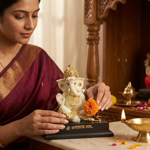 Image of Ganesha Idol for Home Decor | 4 Inch Golden Resin Ganpati Murti | Small Ganesh Ji Idol for Car Dashboard, Office Desk, Pooja Room | Vastu Decorative Statue (172g)