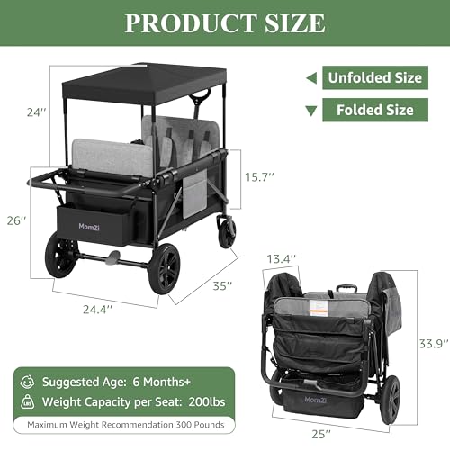 MomZi 4 Seater Wagon Stroller with Removable Canopy, Collapsible Wagon Stroller for 4 Kids with Storage Pocket for Baby and Toddlers Black