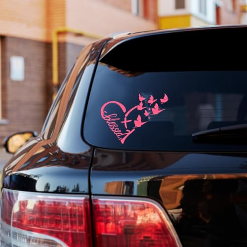 Image of Blessed Cross & Butterfly Heart Decal- 8.6 inchx7.5 inch Inspirational Faith Waterproof Vinyl Sticker for Car, Truck, Window, Bumper, Laptop, Wall (Heart-Pink)