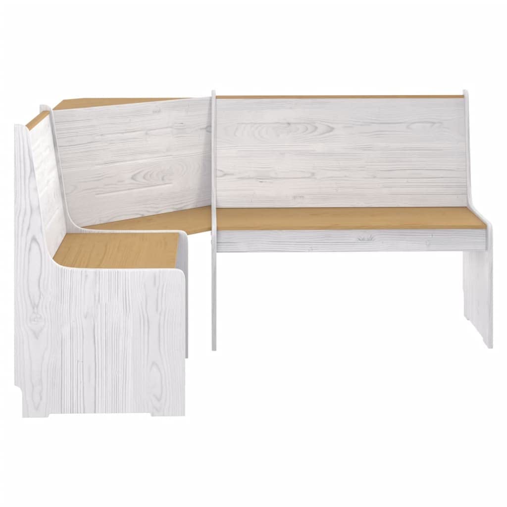 Banco esquinero de madera maciza de pino con respaldo para salón comedor en color miel y blanco, 151 cm
