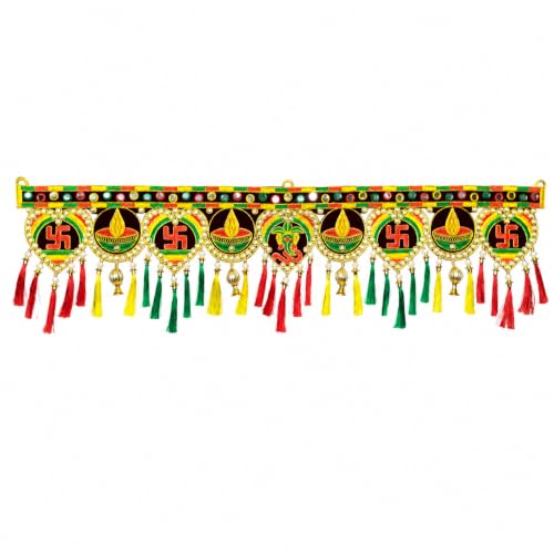 Image of ONESTA Traditional Swastik & Diya Door Toran for Main Door | Handmade Decorative Bandarwal with Kalash Mirror Work & Tassels | Festive Door Hanging for Diwali Navratri Housewarming Wedding & Pooja Decor 3 Feet | 36 Inch Pack 01