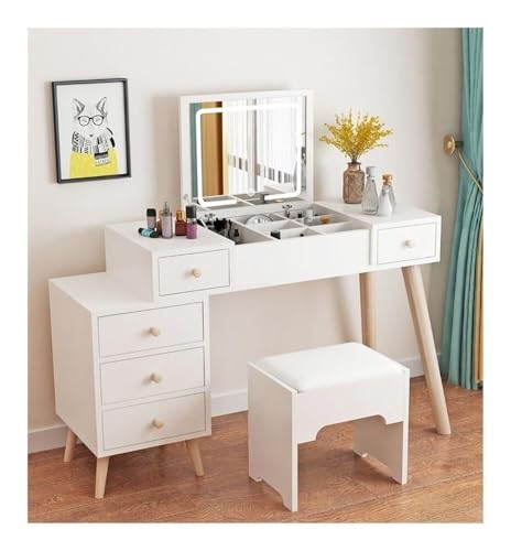 asdchZen Led Lighted Vanity Makeup Table With Flip-Top Mirror & Rolling Stool Stylish Dressing Table Set For Bedroom Modern Makeup Station With Cushioned Seat