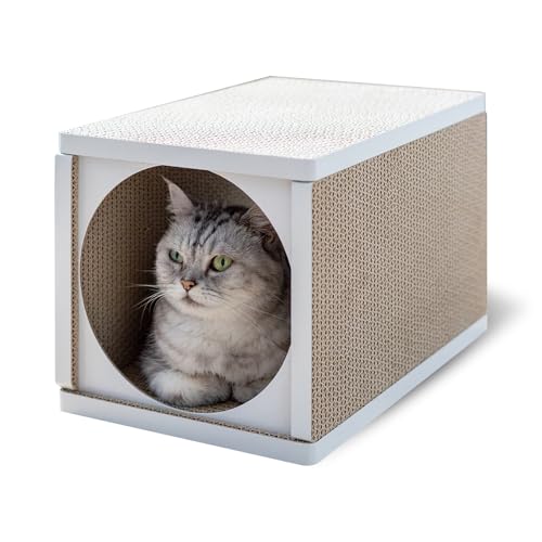 Anikitty 360° Cardboard Cat Scratcher Tunnel & House – Durable Cat Cave, Bed & Scratching Post with Catnip, Indoor Cat Condo & Hideout, White