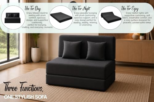 Image of Sofa Cum Bed with Jute Fabric, Convertible Two Seater Sofa Bed 4x6 Ft, Comfortable Cushioned Seating, Space Saving Design for Living Room, Bedroom & Guest Room - Black Color