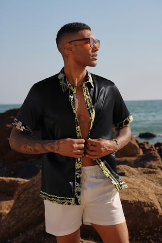 PJ PAUL JONES Mens Short Sleeve Button Down Shirts Casual Stretch Satin Silk Hawaiian Beach Shirt2