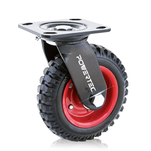 POWERTEC 8 Roulettes de roulette de pouce, Roulettes à plaques pivotantes de poids lourds avec filetage en caoutchouc pour Workbench, Dolly, Cart, Trolley, Wagon, Boîte à outils et Coop de poulet, Grandes Roulettes en caoutchouc, 1PK (17051V)