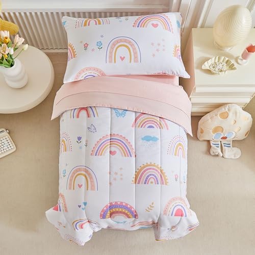 Image of Joyreap 4 Piece Toddler Bedding Set- Pink Rainbow Lovely Design, Microfiber Toddler Bedding Comforter Set for Kids Girls