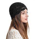 ZLYC Women Cotton Crochet Skull Cap Handmade Knit Cutout Floral Beanie Hat (Solid Black),One Size
