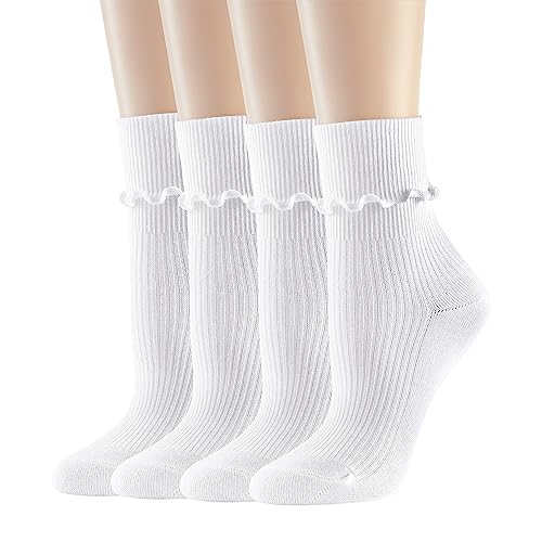 Image of UTTPLL Womens Cotton Crew Socks Ruffle Turn-Cuff Fashion Princess Lettuce Ankle Socks Athletic Thin Gift Dress Socks