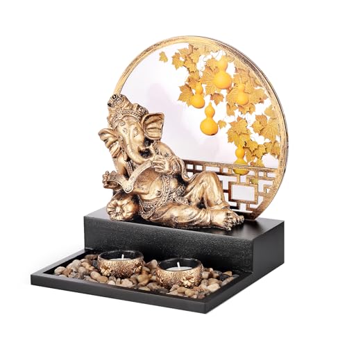 Image of S & A Antique Ganesha Idol with Backlit Design - Decorative Pooja Room & Home Decor Showpiece | Includes Diya & Pebble Arrangement | Festive & Gifting Accent | 26 cm