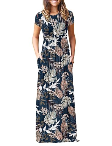 Image of MISFAY Women's Short Sleeve Maxi Dresses Long Casual Dresses with Pockets | Empire Elastic Waist, Crew Neck, Floor Length, Strentchy Flowy A Line Fit, Loose Plain Summer Outfits, Vacation Wear