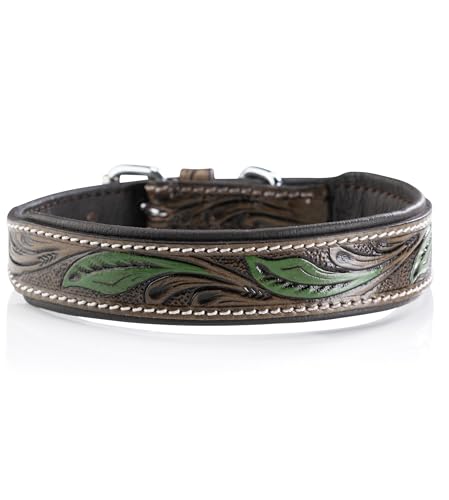 Jack & Russell Unikat Hundehalsband aus Leder, Hand-geschnitzt & gepolstert– Halsband aus Büffelleder, Hunde Lederhalsband braun/dunkelgrün Hailey (M (31,5-42,0cm))