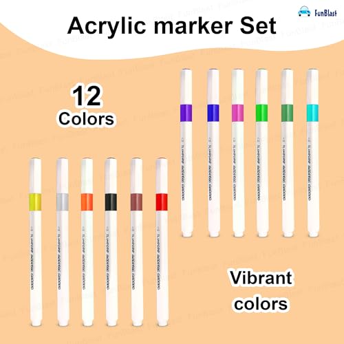 Image of FunBlast Acrylic Paint Markers - Set of 12 Vibrant Colors, Permanent Water-Based Marker Pens for Rock Painting, DIY Crafts, Canvas, Glass & More