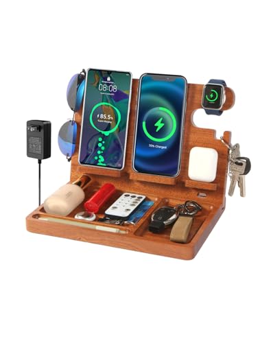 JuncaiTech Nightstand Organizer with 4 Wireless Charger for 2 iPhone/Android Phone,Apple Watch,Airpod,Wood Phone Docking Station,27W Fast Wireless Charging Station,Wallet/Key Holder,Gifts for Dad/Men