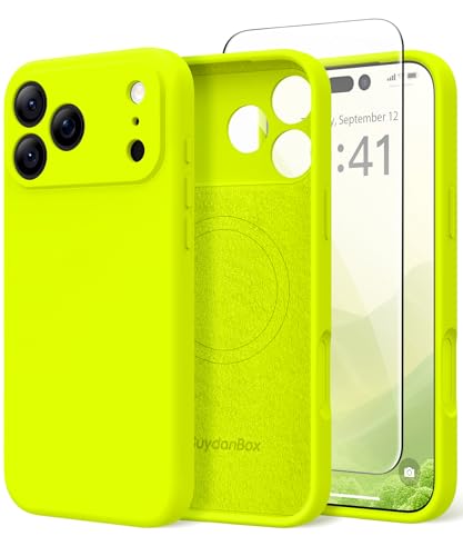 Image of Magnetic for iPhone 17 Pro Max Case, Compatible with MagSafe, [Full Camera Protection][Screen Protector] Silicone Shockproof Protective Phone Case for iPhone 17 Pro Max, Fluorescent Green
