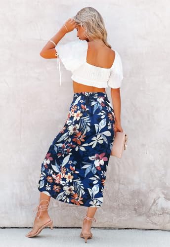 Image of HERBATOMIA Women's Floral Print Midi Skirt Casual High Elastic Waist Zipper Vintage Long Boho Skirts for Women