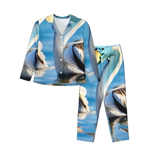 Pijama de pájaro pelícano azul cielo marino con estampado exclusivo de dos piezas