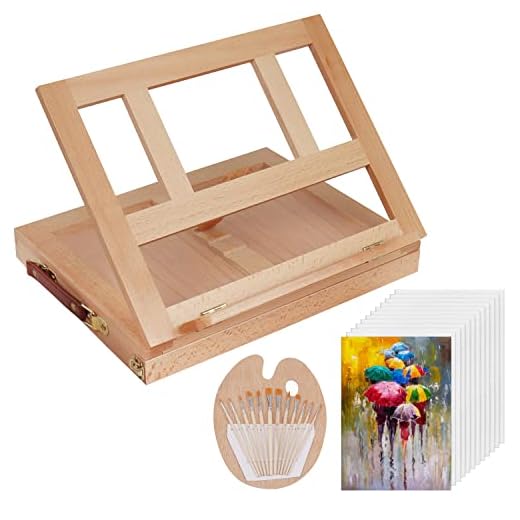Kurtzy Set Caballete Pintura Mesa y Kit para Pintar Caballete Portátil de Madera, Paleta de Pintura, 12 Pinceles y 12 Paneles de Lienzo – Para Bocetos y Dibujo para Principiantes, Niños y Adultos