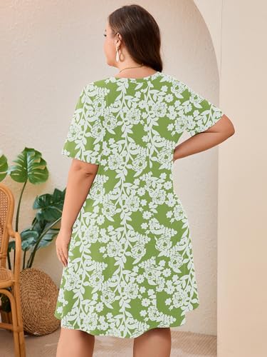 Image of AusLook Plus Size Midi Dress for Women Loose V Neck Short Sleeve Summer Casual A Line T Shirt Sundresses with Pockets 1X-5X