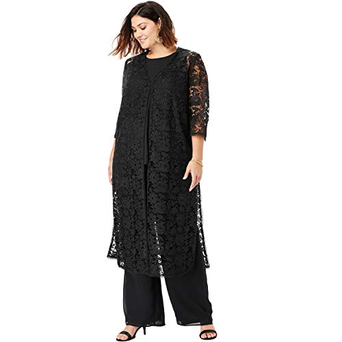 Roamans Women's Plus Size Three-Piece Lace Duster & Pant Set Duster, Tank, Formal Evening Wide Leg Trousers - 34 W, Black