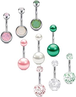 Crdifu 6-9pcs Belly Button Rings Set Pack 10mm Stainless Steel Belly Navel Bars Piercing Jewellery