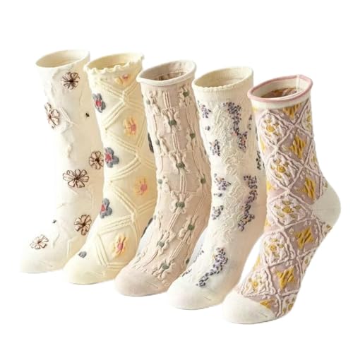 Image of 5 Pack Cute Womens Floral Socks, Vintage Embroidered Frilly Floral Ankle Cotton Cottagecore Socks