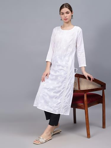 Image of Seva Chikan Hand Embroidered Lucknowi Chikankari Cotton Straight Kurta for Women SCL4567