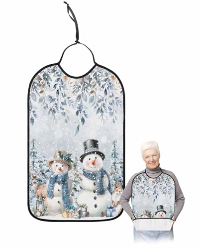 Christmas Snowman Adult Bib for Adults Men, Women, Blue Snowflake Poinsettia Eucalyptus Washable & Adjustable Terry Cloth Bib with Crumb Catcher Reusable Waterproof Clothing Clothes Protector Apron