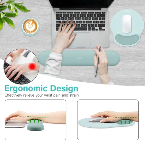 Image of MOSISO Wrist Rest Support for Mouse Pad&Keyboard Set, Circle Curved Ergonomic Mousepad&Coaster Non-Slip Base Home /Office Pain Relief&Easy Typing Pad with Soft Cloth&Raised Memory Foam, Aquamarine