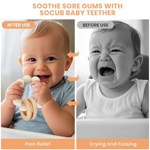 Image of Socub Baby Teething Toys for 0-6 6-12 Months- BPA-Free Food-Grade Silicone & Natural Beech Wood Teether Ring for Newborn Infants Teething Relief- Easy-Grip Sensory Rattle Toys(Shifting Sand)