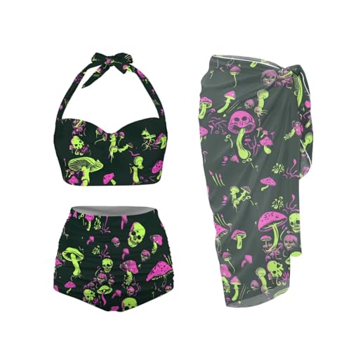 Skull Print Swimsuit Bikini Set for Women with Swim Cover up Wrap Sarong Bathing Suit Beach Outfit