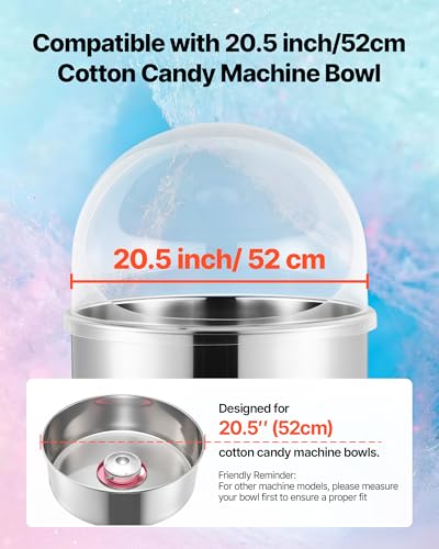 Image of VEVOR Cotton Candy Machine Cover 21 Inch, Acrylic Dome Bubble Shield Compatible with 20 inch Commercial Cotton Candy Floss Maker Bowl for Party, Shops, Bottom Groove Design, Transparent
