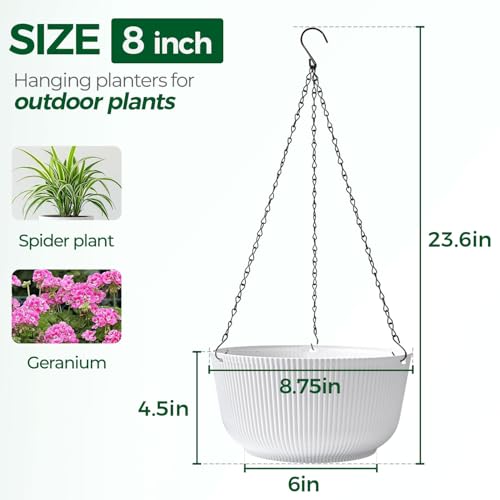 T4U Hanging Planter Self Watering 8 Inch, 2 Pack White Indoor Outdoor Hanging Plant pots, Hanging Flower Pot with Drainage Hole & Plug & Chain with 3 Hooks for Garden Home Decor - Image 4