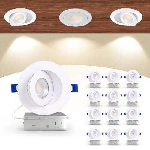 Aosclex 4 Inch 5CCT Gimbal LED Recessed Lights with Jbox, 360°+90° Adjustable Directional Recessed Lighting, 2700K-5000K Selectable, Dimmable Eyeball Canless Lights, 10W 980LM, ETL (White, 12 Pack)