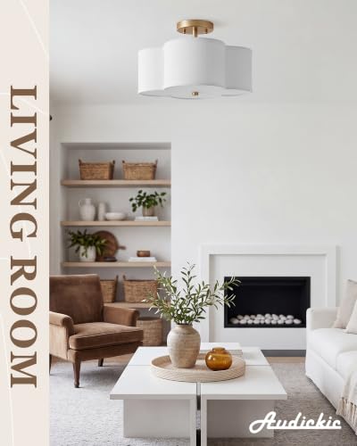 Image of 13.6 inch Gold Semi Flush Mount Ceiling Light with Fabric Shade