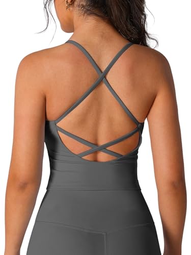 ABOCIW Womens Longline Sports Bras V Neck Criss Cross Back Gym Yoga Padded Workout Crop Tank Top with Built in Bra