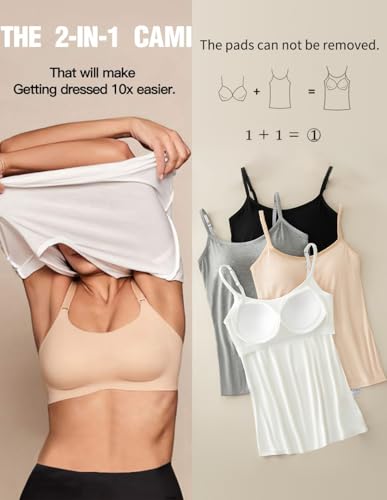 Womens Tank Tops Adjustable Strap Camisole with Built in Padded Bra Vest Sleeveless Layer Top 1/2/3 Packs2