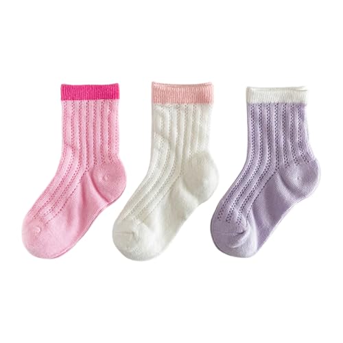 Kids Socks Ribbed Cuffs Crew Socks Solid Mid-Calf Mesh Color Block Socks for kids 3 Pairs