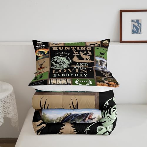 Image of Big Pike Fish Bedding Set Deer Comforter Set for Kids Teens Boys Fish Hunt Duvet Set Antlers Fish Fishing Rod Comforter 1 Comforter Set with 2 Pillowcases King Size Boys