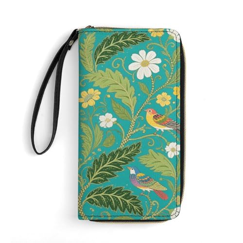 William Morris Strawberry Thief FloralPU Leather Wallet with Wristlet Strap, Portable Small Zip Around Card Holder Coin Purse for Men And Women, Ideal for Work, Travel, And Daily Use