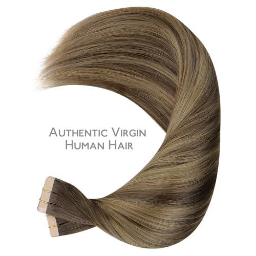 Image of Wennalife Tape in Hair Extensions Human Hair, 40pcs 60g 10 inch Balayage Chocolate Brown to Caramel Blonde Hair Extensions Real Human Hair Straight Tape in Extensions Reusable Real Hair Extensions