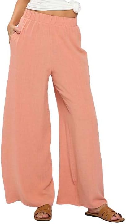 Women Wide Leg Linen Palazzo Pants Regular Waist Boho Flowy Pants with Pocket Travel Trousers - Made in USA - Image 3