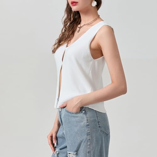 Faretumiya Women Y2k Button Down Crochet Knit Vest Sleeveless Hollow Out Crop Tops Vintage Casual V-Neck Versatile Streetwear3