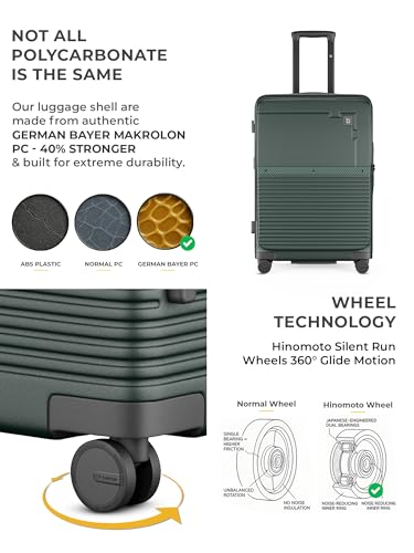 Image of EUME Aerotop Cabin, Checkin Medium & Large Trolley Bag Set of 3 | Space Saving Top Open Suitcase | Expandable Hard Polycarbonate Luggage | TSA Lock, Anti Theft Zipper, Silent Wheels | Pine Green