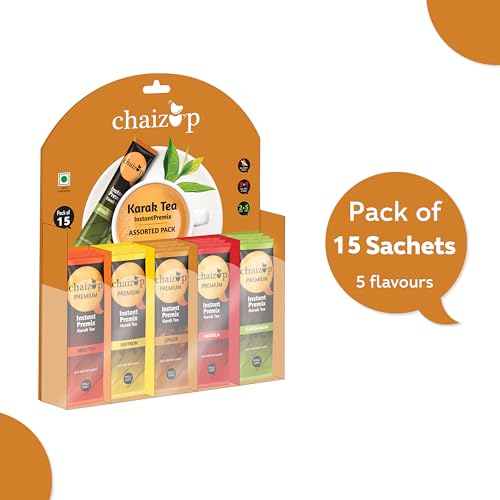 Image of Chaizup Premium 1 Min Instant Tea Premix - India's 1st Hanging Pack (15 Sachets, 5 Flavors) | Milk Tea, Saffron, Ginger, Masala, Cardamom | 15 Servings